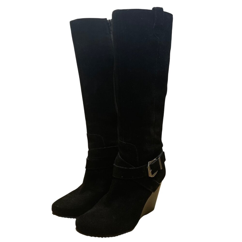 BCBGeneration Women's Black Suede Side Zipper Buckle Wilsa Wedge Boots Size 7M image 2